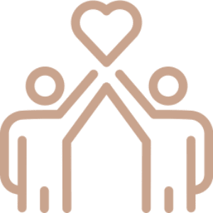 Two figures hold hands with a heart above them symbolizing love and unity.