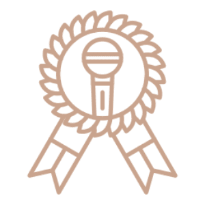 A beige award ribbon with a microphone symbol in the center.