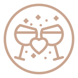 Two clinking champagne glasses with a heart and sparkles inside a circle.
