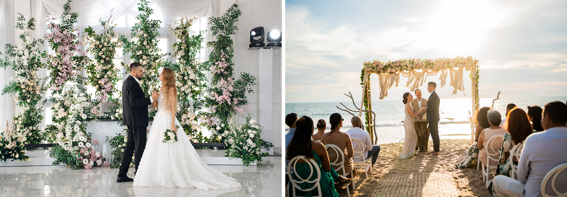 Bride in floral wedding dress posing with flowers indoors.