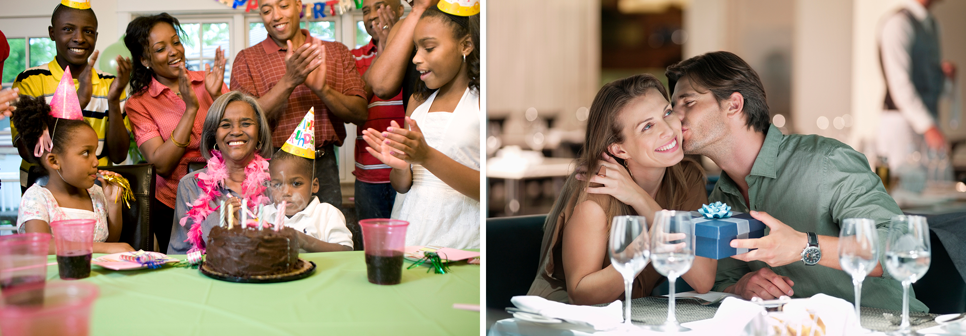Children engaging in a science experiment and a woman enjoying a meal at a restaurant.