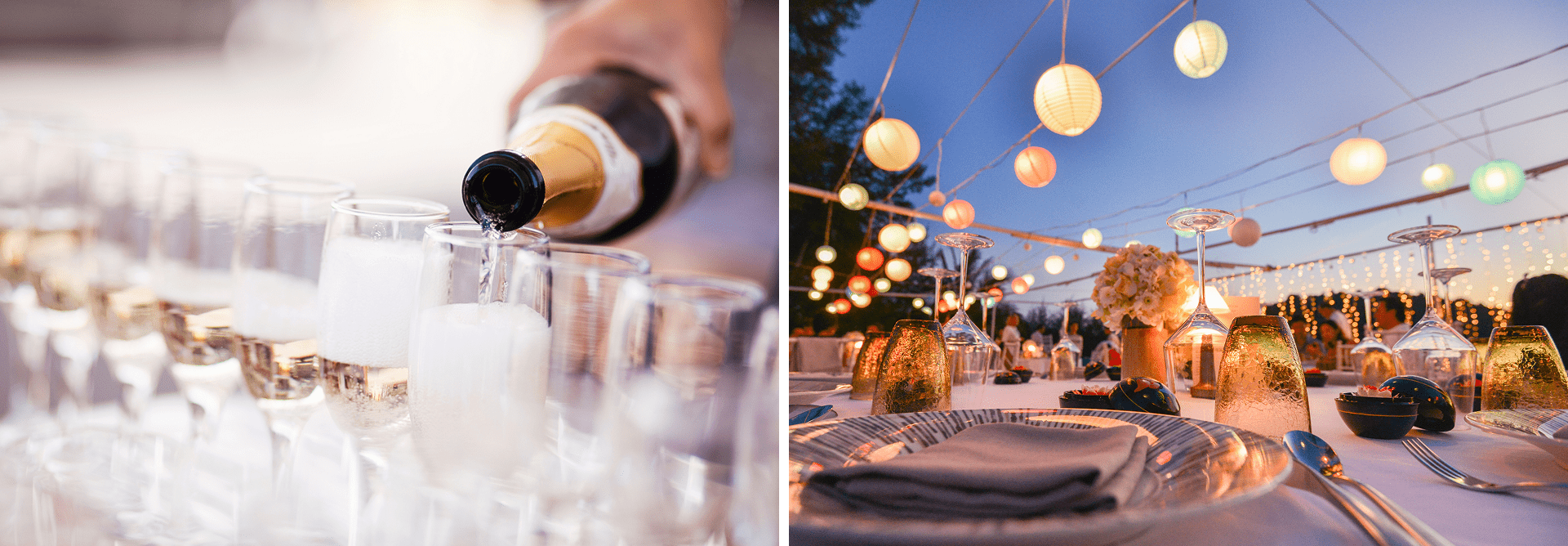 Champagne being poured into glasses at an outdoor evening dinner party.